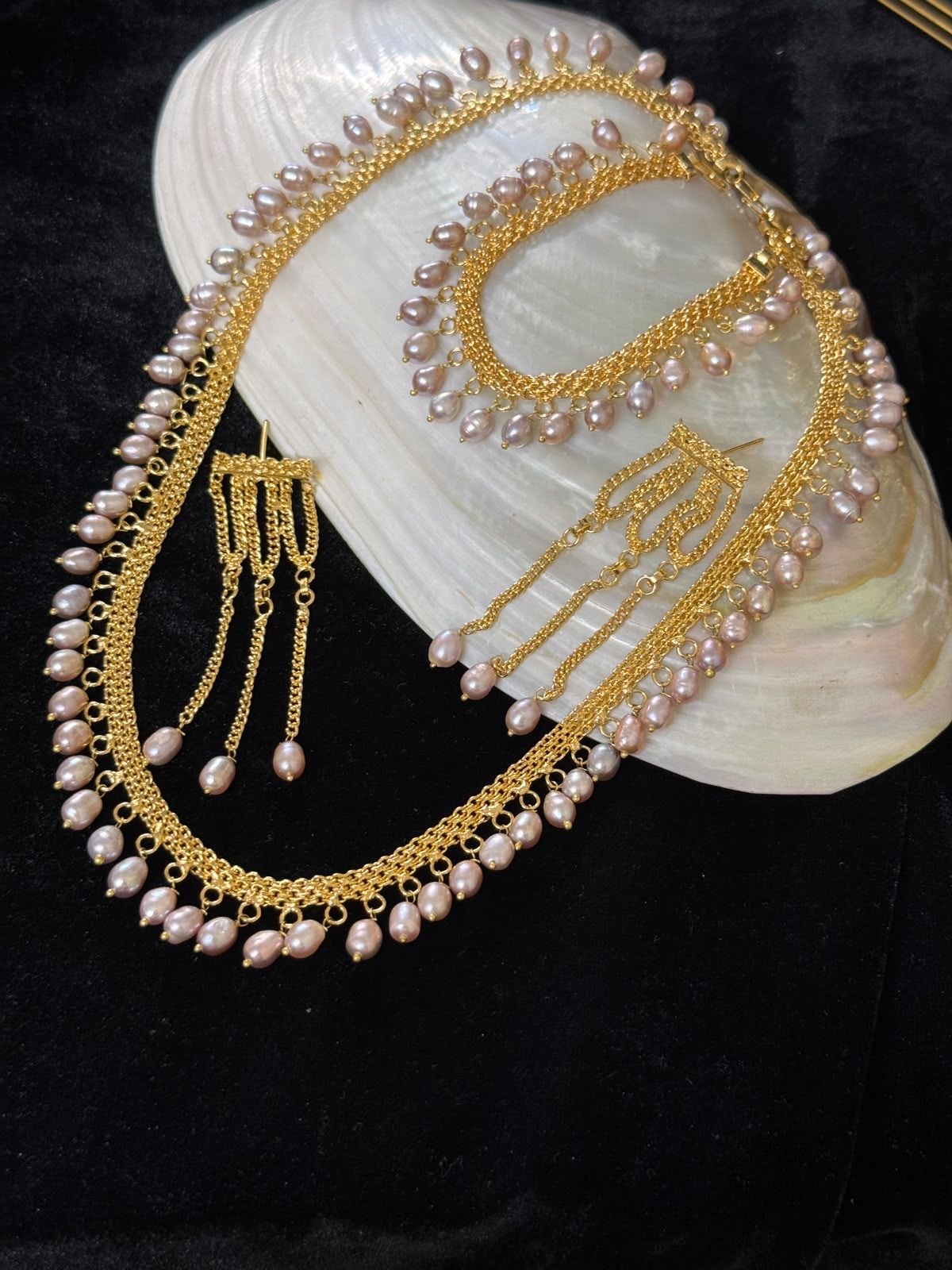 Gold plated real pearl necklace & bracelet