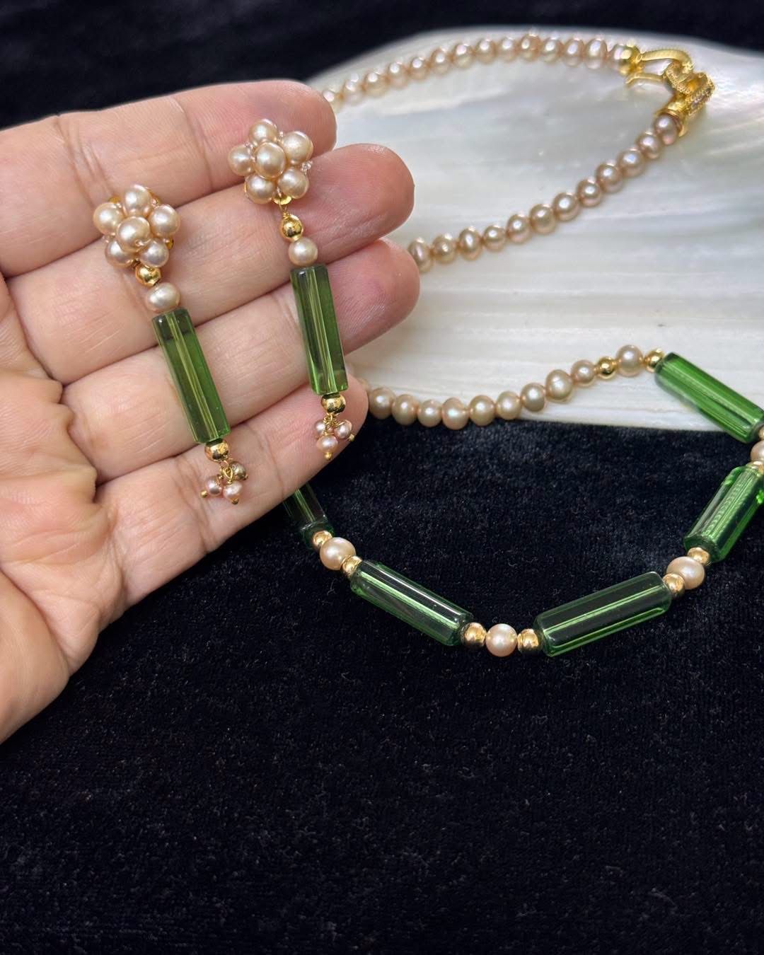 Real pearl and Crystal stone necklace set