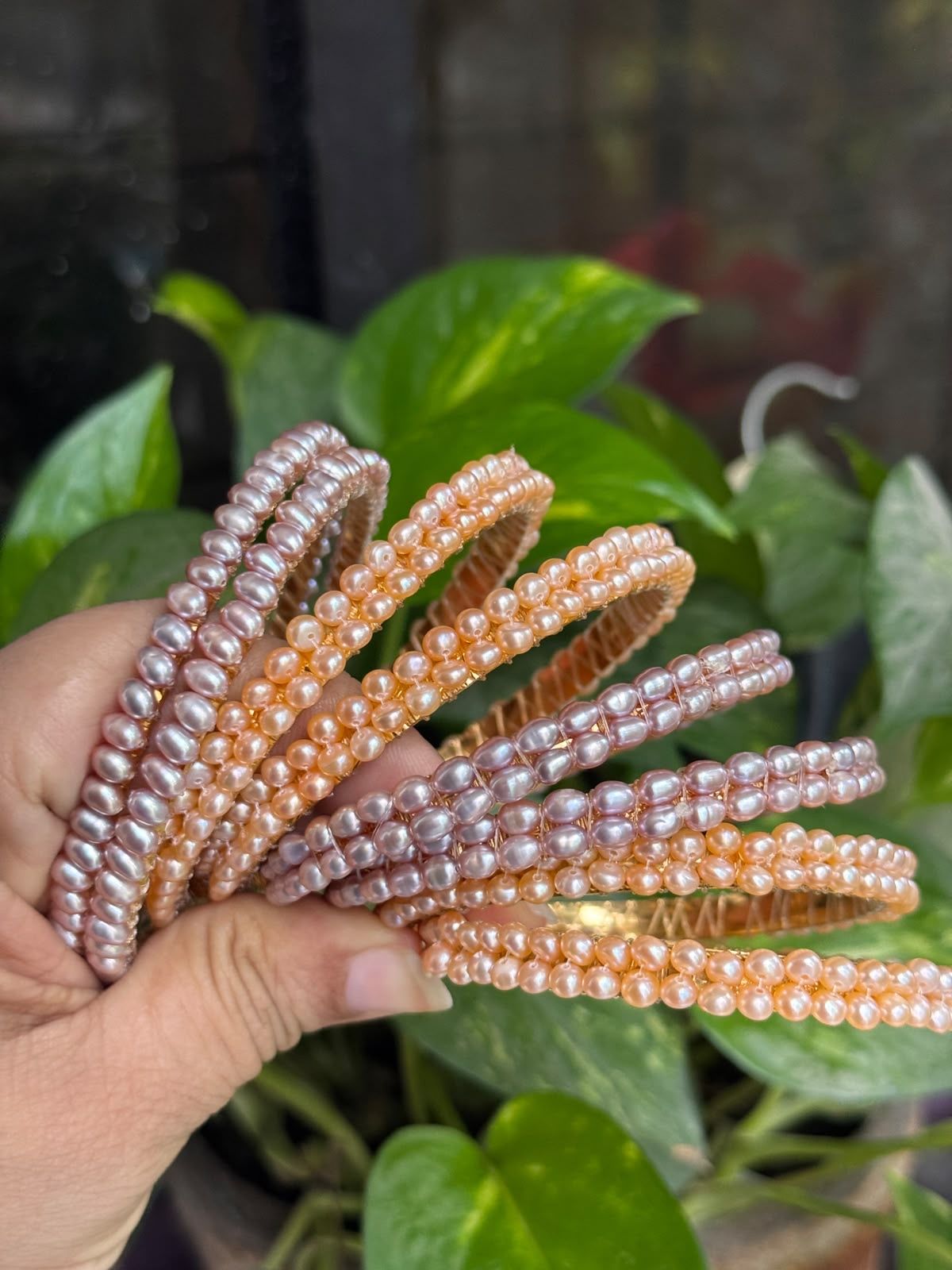 Real pearl double layer bangle pair