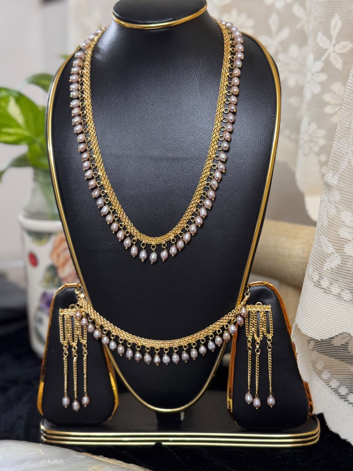 Gold plated real pearl necklace & bracelet