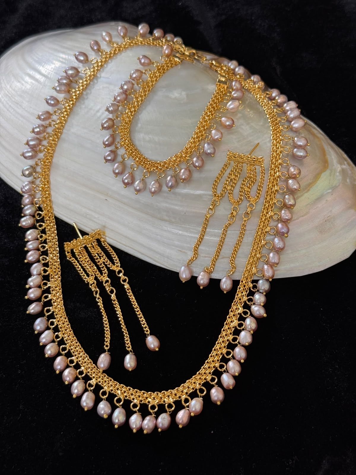 Gold plated real pearl necklace & bracelet