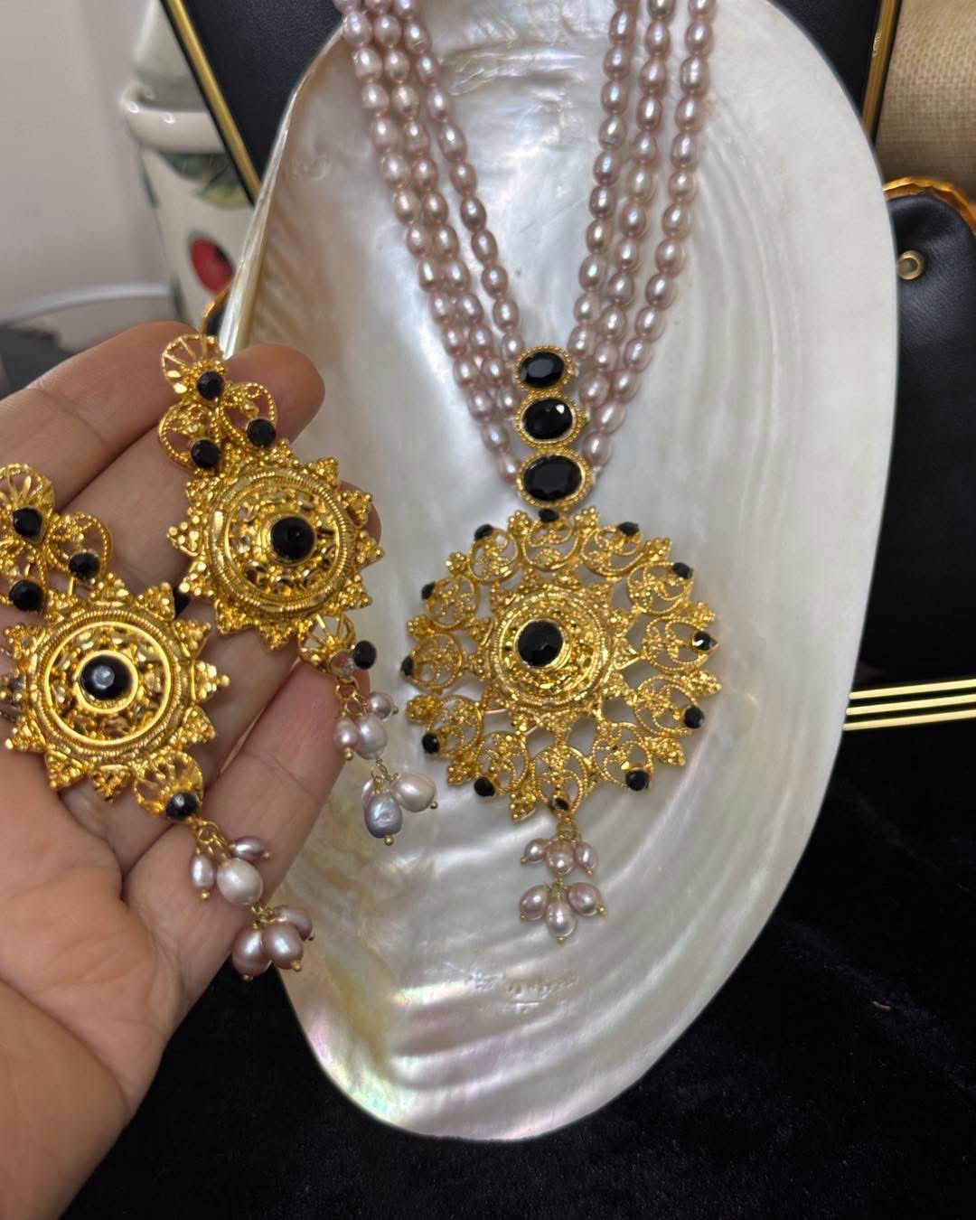 Three layer real pearl gold plated set